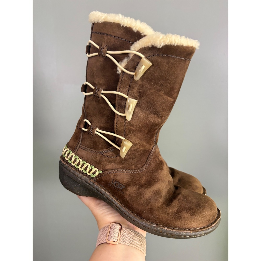 UGG Kona 5183 Boots Women 6 Brown Suede Toggle Shearling Winter Rustic‎ Natural